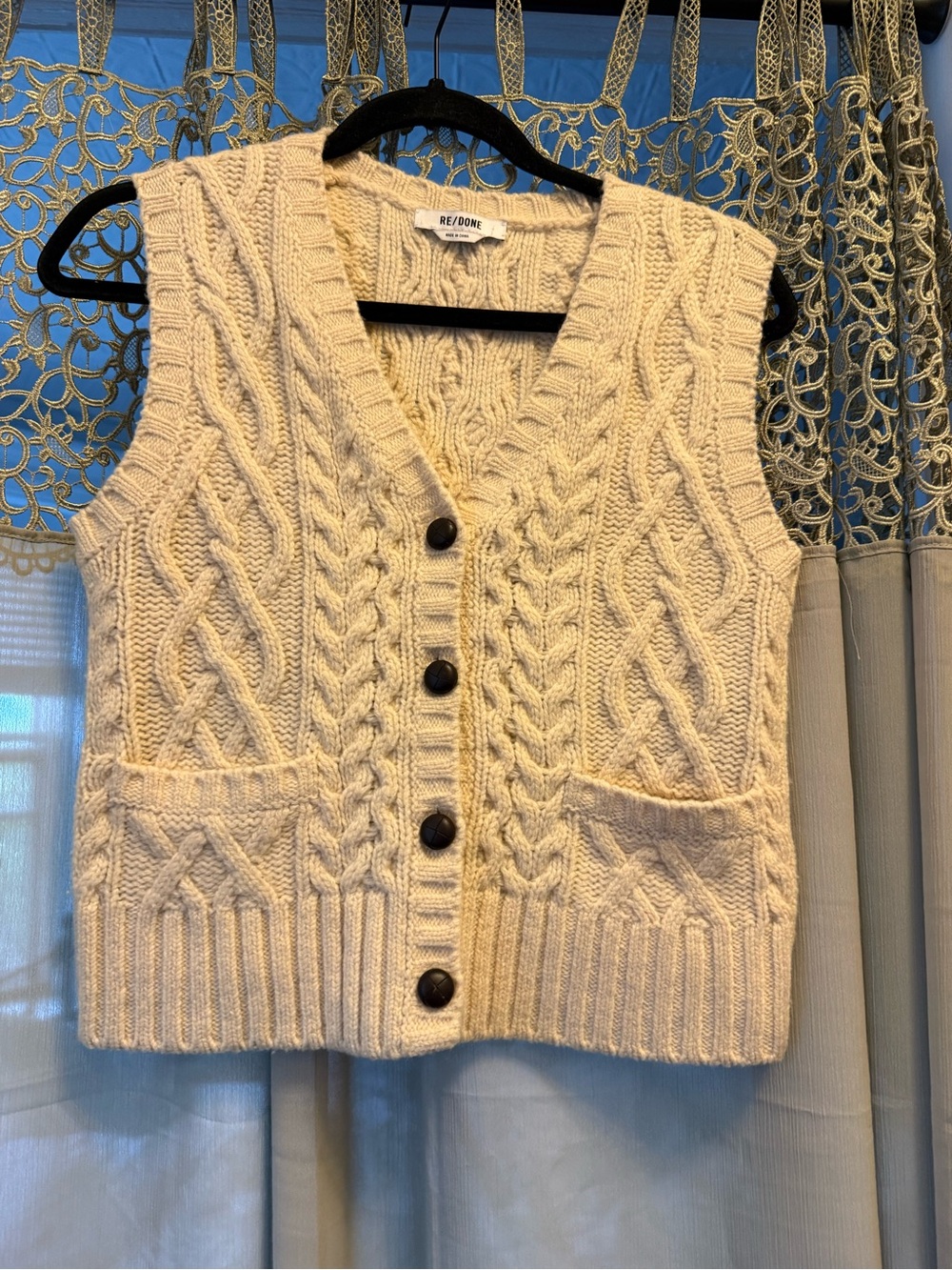 Re/Done 100% Wool Cream Cable-Knit Button Front Sweater Vest